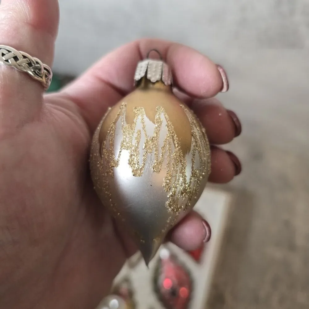 Vintage Glitter Mercury Glass Christmas Ornaments Europe Teardrop Tree Set Of 7